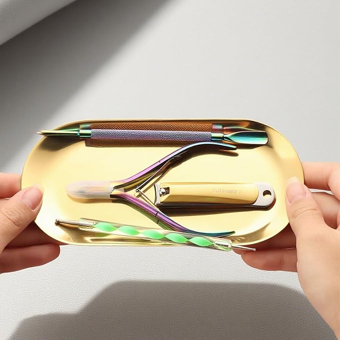 SUTOKAKA 2 Pack Stainless Steel Gold Decorative Tray, Small Oval Perfume Jewelry Trinket Dish, Candle Key Manicure Tools Metal Placing Plate, Bathroom Vanity Trays for Dresser Counter