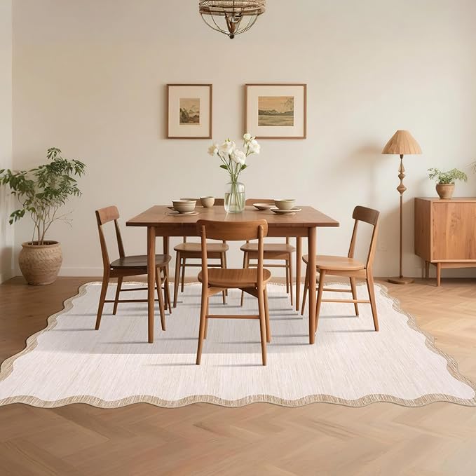 GarveeHome Scalloped Washable Rugs 5x7 Rug for Living Room Modern Non Slip Large Area Rug for Bedroom Decor Farmhouse Low Pile Stain Resistant Carpet for Office Dining Room Classroom 5 ft x7 ft Beige