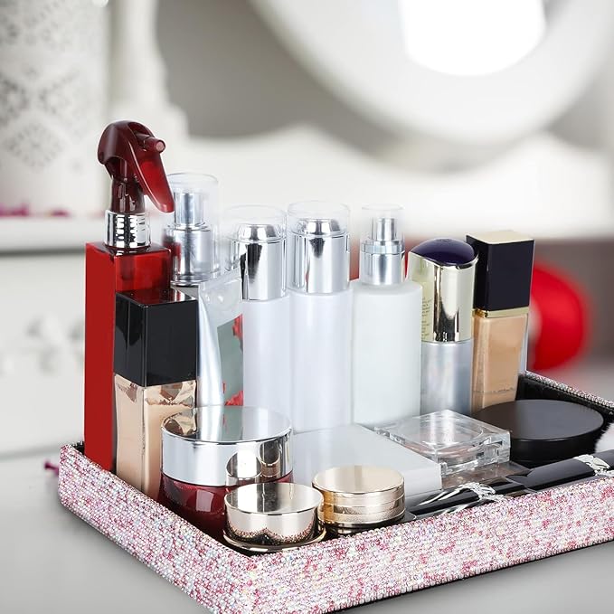 Jewelry or Makeup Storage Box Organizer Display Storage Case Desk for Dresser, Bathroom, Bedroom, and Makeup Perfume,Magnificent Handmade Serving Tray, Handicraft with Glittery Crystal(Pink)