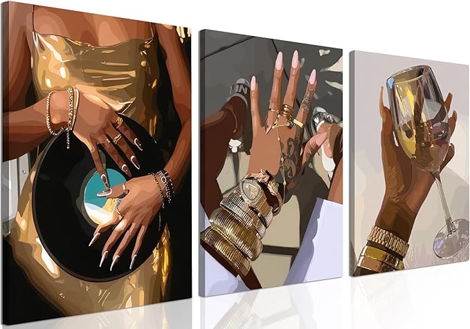 Black Girl Wall Art Set of 3, Gold African American Woman Wall Decor Painting Black People Canvas Poster Prints Pictures Aesthetics for Living Room Bedroom Dorm Framed 16x24 inch