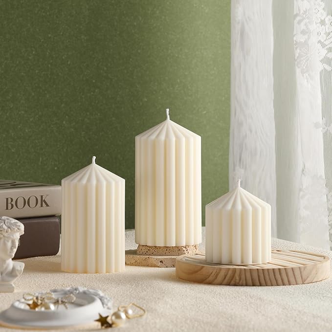 Conelist Set of 3 White Ribbed Pillar Candles Soy Wax Scented Ribbed Candles Includes 2.8, 4.2 and 5.1 Inches Heights Decorative Romantic Wedding Decoration for Couple Home Birthday Gift