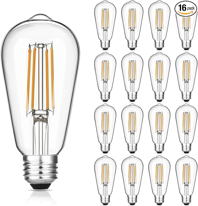 Gozelux Vintage LED Edison Bulbs, 6W, Equivalent 60W, Dimmable, High Brightness Warm White 2700K, ST58 Antique LED Filament Bulbs with 90+ CRI, E26 Medium Base, Clear Glass, Pack of 16