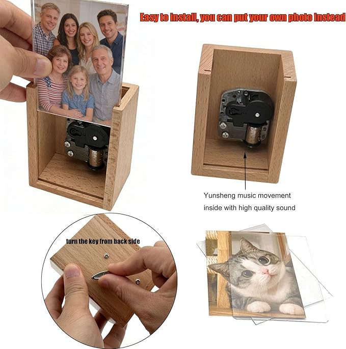 Solid Wood Pen Holder Photo Frame Wind Up Music Box for Desk, Multi Purpose Pencil Cup Makeup Brush Holders Organizers for Work and Study, Home, School, Office Desktop