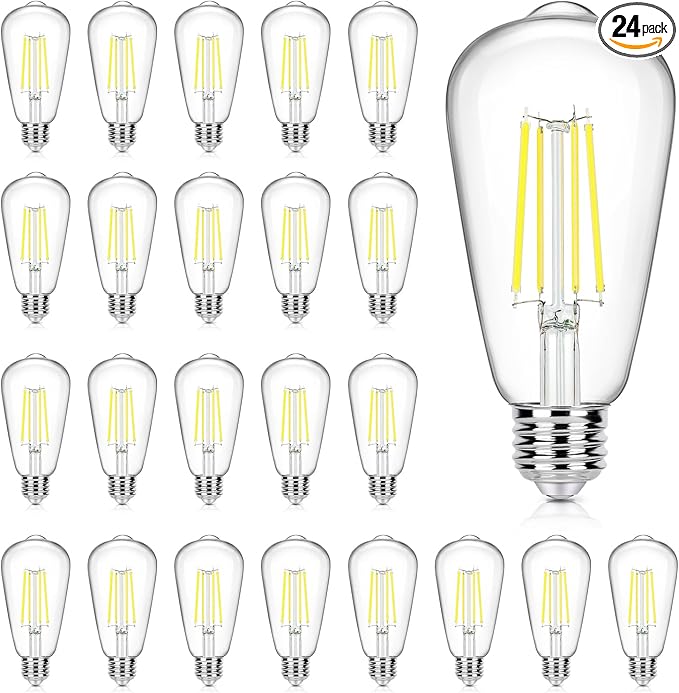 24-Pack Vintage E26 LED Edison Bulbs 100W Equivalent 1400LM High Brightness 8W ST58 LED Filament Light Bulbs 5000K Daylight White Medium Base CRI90+ Antique Clear Glass for Home Kitchen, Non-dimmable