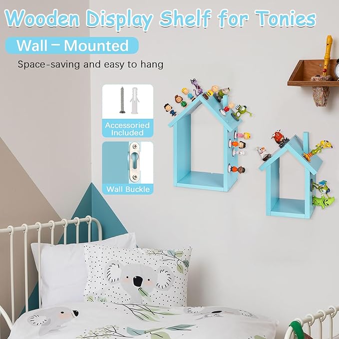 for Tonies Shelf Magnetic - for Tonies Figure Organizer Kids Room, Wooden Display Shelf for Tonies Box Holder, Wall Floating Shelves Toy Storage, House Shape Set of 2 with 38Pcs Adhesive Metal (Blue)