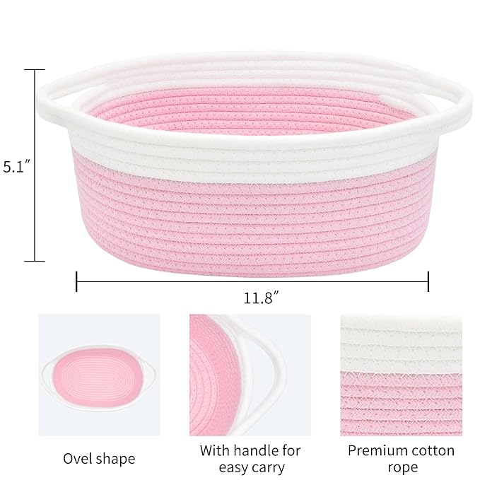 ABenkle Small Basket with Handles, Boho Decorative Rope Woven Dog Cat Toy Storage Bin Shelf Storage Organizer, Easter Christmas Gift Basket, 12"x8"x5", Pink