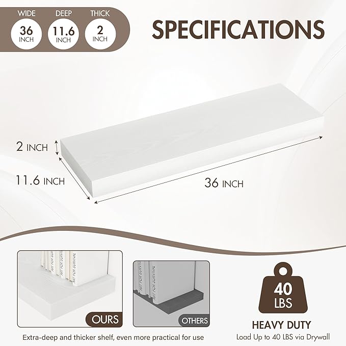 Acovy 36 Inch Floating Shelves, 12" Deep Floating Shelf Wall Mounted, 36" Wall Shelves, Rustic Deep Bookshelf, Extra Deeper & Thicker Display Shelves for Bedroom, Living Room, White, Set of 2