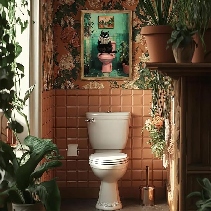 Funny Bathroom Cat Wall Art, Humorous Black Cat Restroom Wall Decor Paintings, Funky Animal on Toilet Reading Newspaper Canvas Prints Artwork 16x24 inch Wood Framed