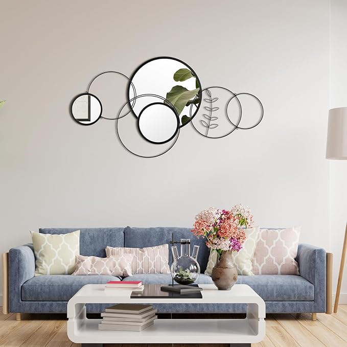 Hicarer Wall Mirror Decorative 41.34'' x 17.72'' Round Modern Metal Wall Mirrors Set for Living Room Circle Plates Overlapping Decorations for Hallway Entryway(Black)