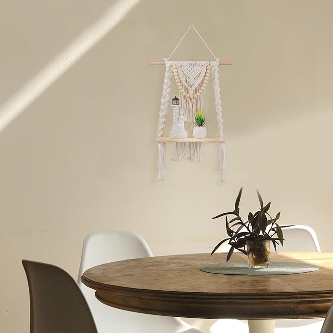 Macrame Wall Hanging Shelf Tier 1, Handmade Woven Boho Shelf Decor Macrame Wall Decor, Floating Hanging Plant Shelf Storage Organizer for Bathroom Bedroom Nursery