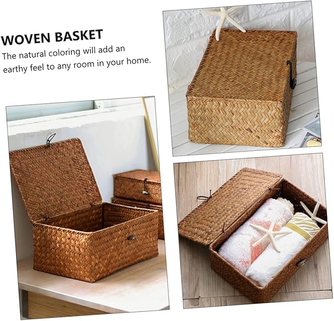 Luxshiny Handmade Seaweed Storage Box Woven Basket Makeup Organizers Storage Natural Decor