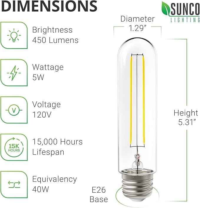 Sunco Lighting 6 Pack 5W=40W Dusk to Dawn Outdoor T10 Light Tubular LED Bulbs, CRI90 2700K Soft White E26 Base, 450 Lumens, Vintage Filament, Waterproof, Outdoor Decorative UL.