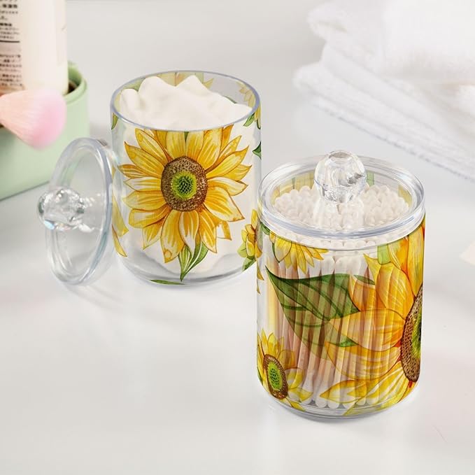 2 Pack Qtip Holder Dispenser for Cotton Ball Yellow Sunflower Flower Cotton Swab Cotton Round Pads Clear Plastic Acrylic Jar Set Bathroom Canister