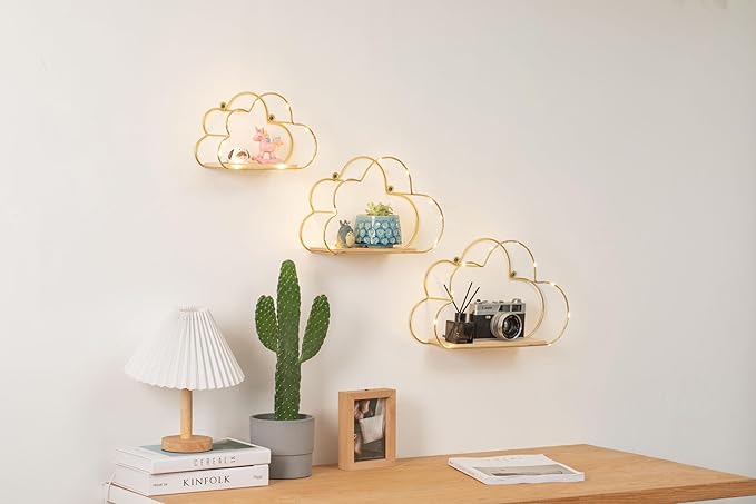 Golden Cloud Shape Floating Shelves with LED Lights Wall Decor,Gold Metal Wire and Wood Base Wall Mounted Shelf Decorations for Home Bedroom Living Room - Set of 3