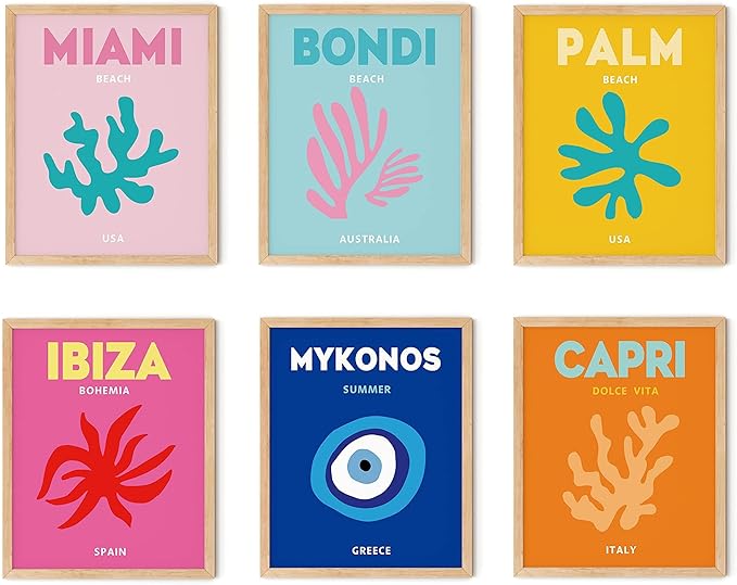 TwoDays Preppy Room Décor Aesthetic - Preppy Posters, Teen Girl Room Wall Art, Travel Prints & Aesthetic Designs (8" x 10", Set of 6, Wooden Framed)