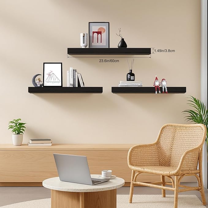 Floating Shelves for Wall, Bathroom Shelves Over Toilet, Wall Shelves & Book Shelf for Room, Hanging Shelf, Modern Wooden Mounted Floating Shelves, 24x7x1.5 in (Black, Set of 3)