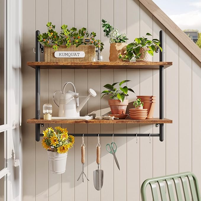 Bestier Pipe Shelf Industrial Floating Shelving 31" Kitchen Wall-Mounted Shelf with Towel Bar Hooks Coffee Bar Shelves Wine Hanging Display Rack Bookshelf Living Room Decor Bathroom-Rustic Brown