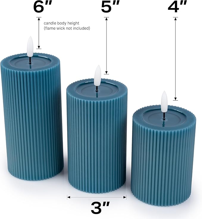 Fluted Ribbed LED Pillar Candles, Blue, with Reflective Melted-Wax Effect – Flickering Flame, Remote, Dimmable, Flameless, Battery Operated, Home & Wedding Decor (Set of 3)