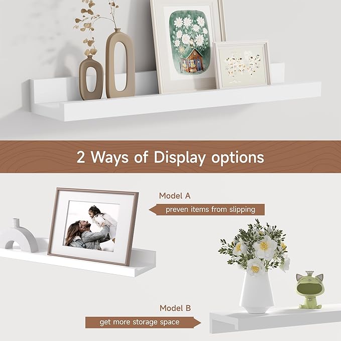 Fun Memories Floating Picture Ledge Shelves, Wall Mounted Wood Storage Shelf for Bedroom, Living Room, Bathroom, Kitchen, Nursery, Display Picture Ledge Shelf Set of 2-16 Inches, White