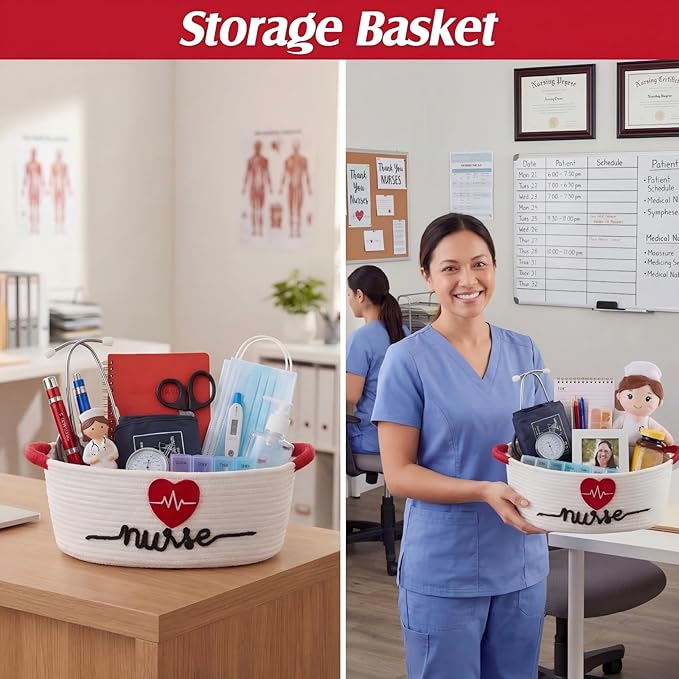 Colingmill 2026 Graduations & Nurses Week Gift Basket Empty to Fill, Woven Rope Basket 15" x 11" x 6" Decorative Storage Baskets with Gift Bag, Bow, Tissue Paper & Year Charm (White)