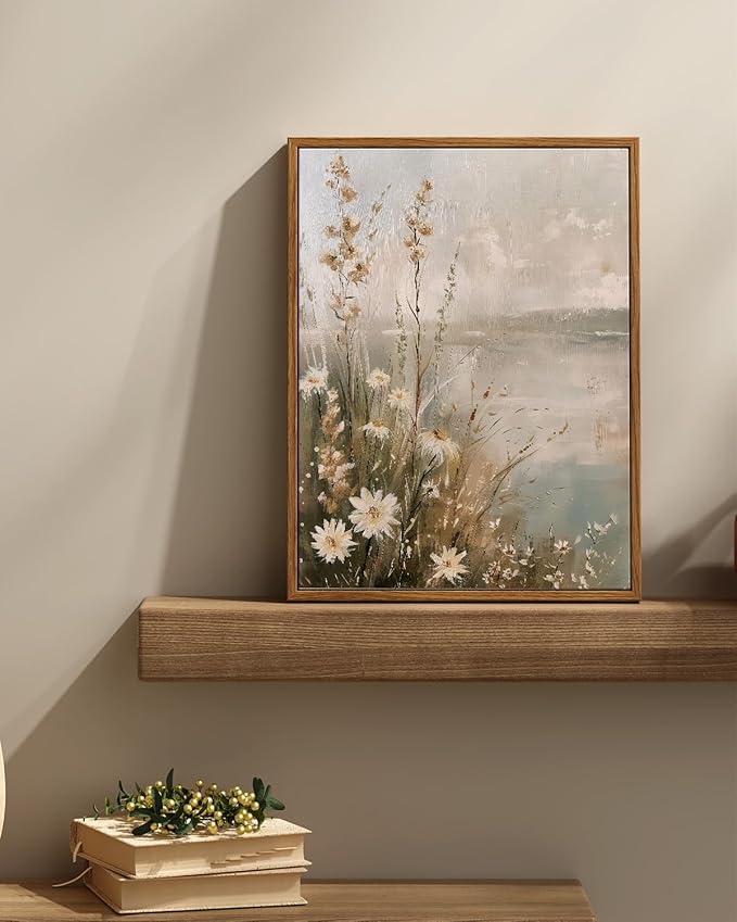 InSimSea Framed Canvas Wall Art Vintage Decor, Wildflowers Landscape Pictures Bathroom Wall Decor Aesthetic, Living Room Bedroom Flower Nature Home Decorations, 12x16inch