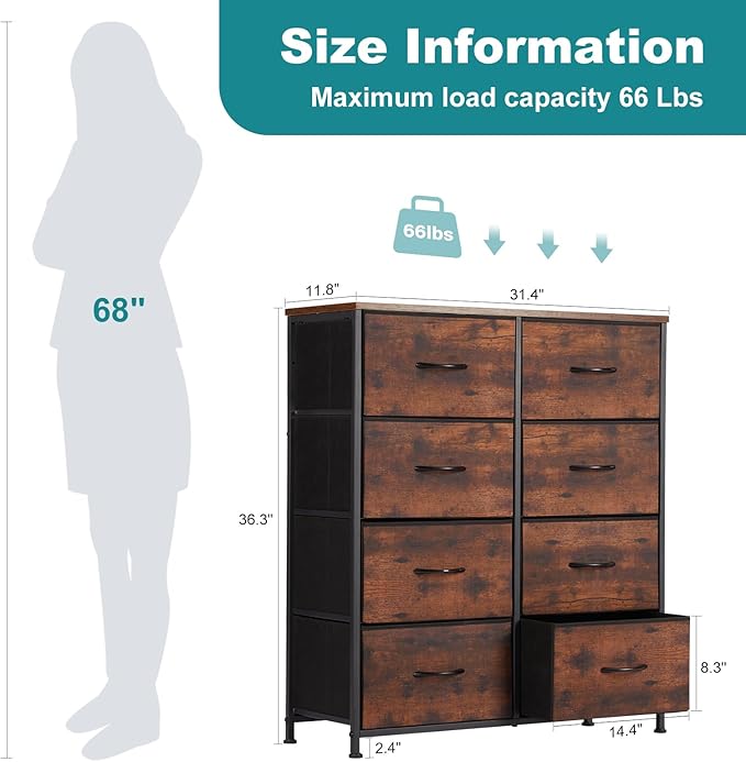 OLIXIS Dresser for Bedroom, 8 Storage Drawers, Tall Large Fabric Storage Tower Organizer, Chest of Drawers with Metal Frame Wooden Top for Nursery, Closet, Living Room, Entryway, Classic Rust Brown