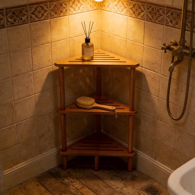 Yoshiky 3-Tier Free Standing Corner Shower Caddy, Bamboo Wood Bathroom Shower Shelf Table for Inside Shower Organizer & Storage Foot Rest Shower Stool