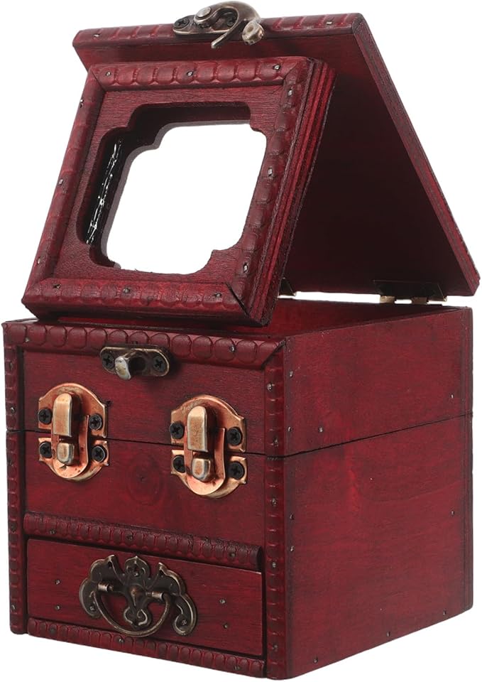 Chinese Wooden Jewelry Box: Antique Makeup Organizer - Classic Vanity Box with Mirror & Lock - Decorative Dresser Storage Case for Jewelry Cosmetics