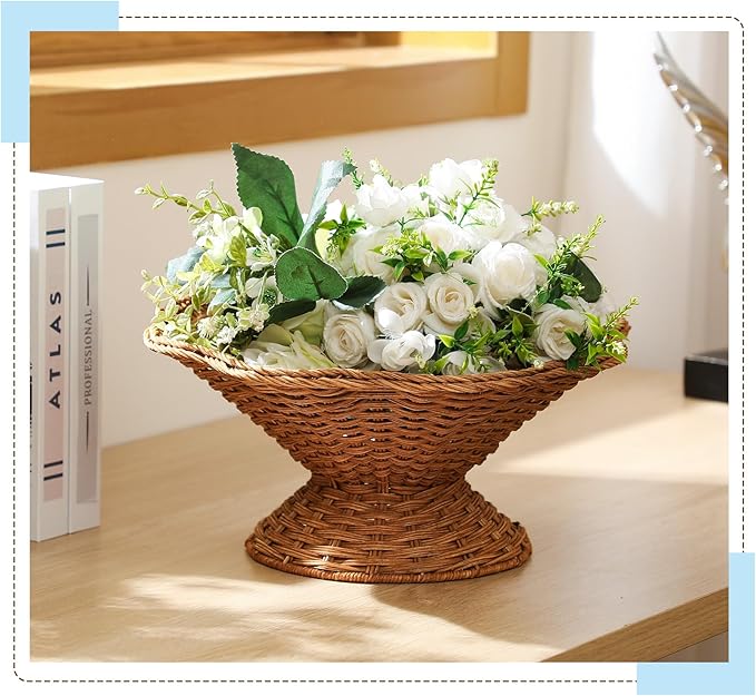 LemonRoad Rattan Fruit Bowl 12.6''x12.6''x6'' Large Round Decorative Kitchen Wicker Basket Wavy Rim Storage Bowl with Pedestal Base for Fruit Bread Storage Organization, Dining Table Centerpiece