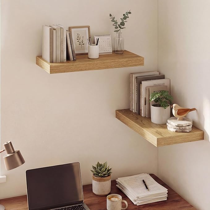 Dreamland 20 Inches Floating Shelves for Wall, 9.3" Deep Long Floating Shelves Set of 2, Large Display & Storage Shelf, Wall Shelf for Bathroom Bedroom Living Room Kitchen Office, Oak