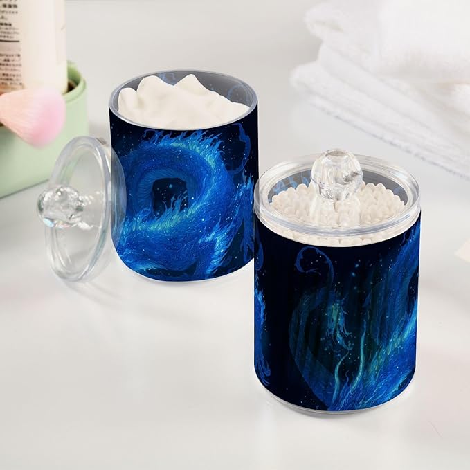 2 Pack Apothecary Jars Dark Blue Fire Dragon Bathroom Vanity Storage Organizer Set,Small Clear Plastic Storage Jars Bathroom Canister for Cotton Swabs, Rounds, Balls, Qtips,Makeup Sponges, Flos