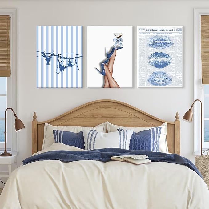 Blue Coquette Wall Art Decor Preppy Trendy Aesthetic Posters Funky Retro Y2k Canvas Wall Art Decor Blue Bow Bikini Lips Prints Girly Room Artwork for Dorm Bedroom 12x16 Inch Wrapped Canvas Set of 3