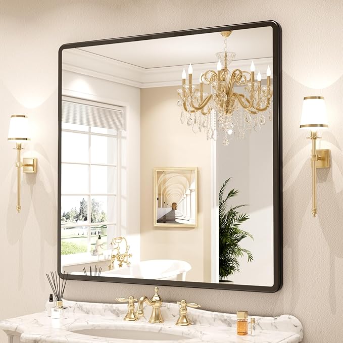 pertetey New Upgrade Bathroom Mirror, 36X36 Inch Black Metal Frame Wall Mounted Rounded Rectangle Bathroom Vanity Mirror with Tempered Glass for Washroom Bedroom Living Room
