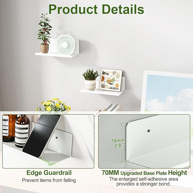 SAYAYO White Floating Shelves for Wall Storage, 8 Inch Screw or Self Adhesive Wall Shelves for Bedroom Decor, Small Display Bathroom Shelf Organizer for Kitchen, Living Room, Office, 2pcs