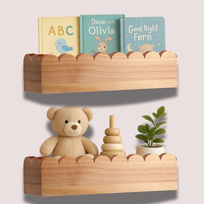 Scalloped Shelves - Set of 2 Pre-Assembled 15.6inch Floating Nursery Book Shelves, Scalloped Book Shelf - Kids Wall Bookshelf, Nursery Decor, Floating Shelves for Wall