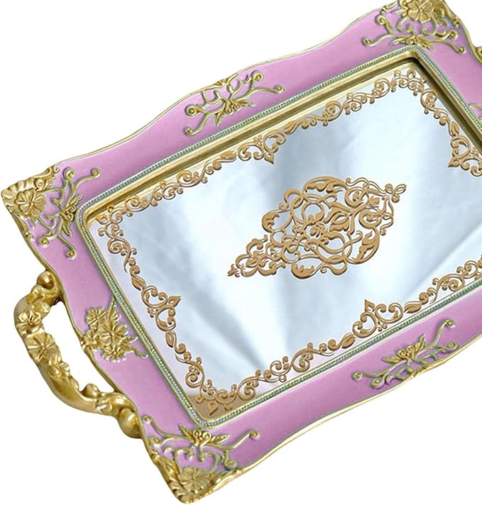 French Style Decorative Mirror Tray, Dresser Counter Coffee Table Jewelry Perfume Organizer for Makeup Jewelry (Purple)