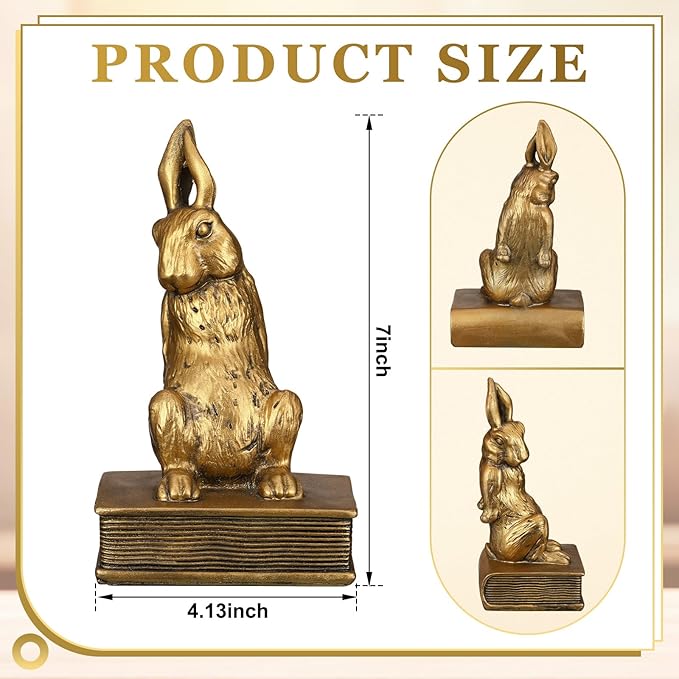 Kathfly Easter Bunny Bookends, Decorative Gold Rabbit Bookends for Shelves Vintage Resin Rabbit Book Ends, Cute Animal Bookend Supports for Home Office, Housewarming Gift, Set of 2