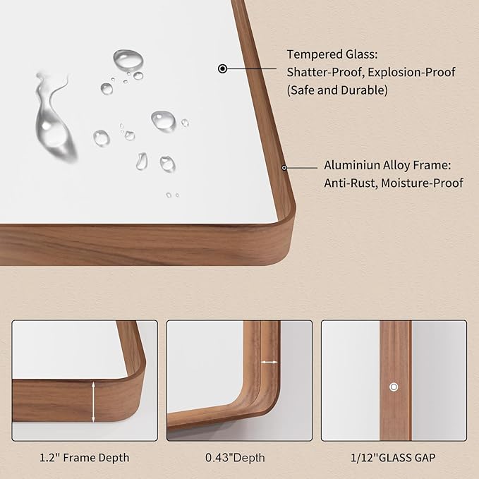 LOAAO 48X36 Inch Bathroom Mirror with Wood Grain Colored Metal Frame, Rounded Rectangle Metal Framed Bathroom Mirror, Anti-Rust, Hangs Horizontally or Vertically, Tempered Glass