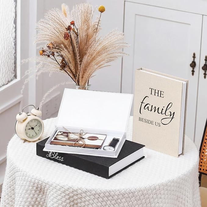 Weysat Set of 3 Bless Family Love Decorative Books for Home Decor Linen Faux Books Stacked Neutral Modern Aesthetic Fake Storage Boxes for Coffee Table, Bookshelf or Mantle Display