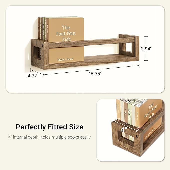 TidyCorner Upgraded Thick Floating Shelves, Solid Wood Bookshelf for Wall, Floating Book Shelves Use as Wall Shelves for Bedroom, Living Room, Kitchen, Books, Spice Rack & Decor – Dark Walnut Brown