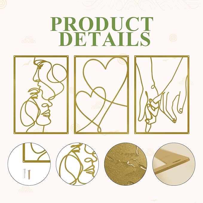 3 Pieces Metal Minimalist Line Wall Art, Valentine's Day Lover Kiss Hand Metal Wall Decor, Aesthetic Modern Home Hanging Wall Art Decor for Bedroom Bathroom Living Room (Gold)