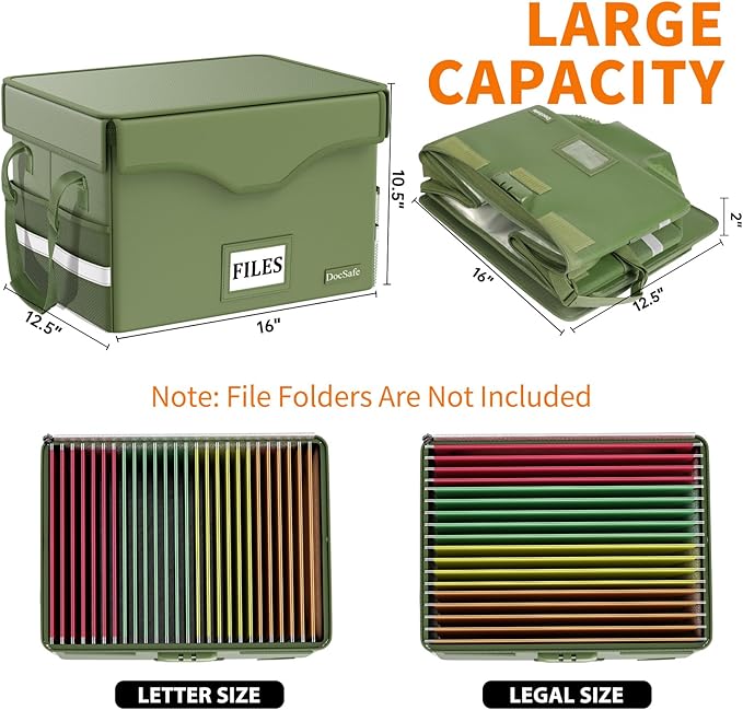 DocSafe 5200°F Fireproof Document Box with Lock,Heat Insulated File Organizer Storage with Pockets,Collapsible Portable Home Office File Safe Box with Handle for Hanging Letter/Legal Folders, Green
