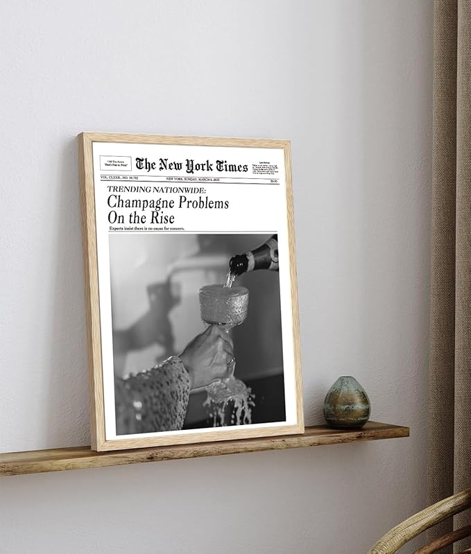 Bwodke OAK Wood Framed Wall Art Champagne Problems On the Rise Canvas Art Vintage Newspaper Pictures Wall Decor Trendy Prints Funny Artwork for Girly Dorm Bedroom 12"x16"