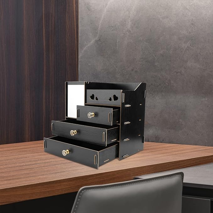 Cabilock Wooden Desk Cosmetic Organizer Rustic Makeup Storage Box with Drawer Mirror Countertop Makeup Case for Stationery Office Bathroom Dressing Table Black