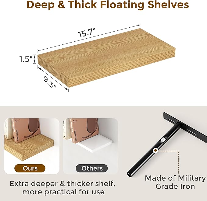 Fun Memories 16 Inch Long Floating Shelves, 9.3 Inch Deep Floating Shelf for Wall, Living Room, Kitchen, Rustic Deep Wood Shelves for Bathroom, 2 Pack Storage Display Shelf for Books, Decor, Oak