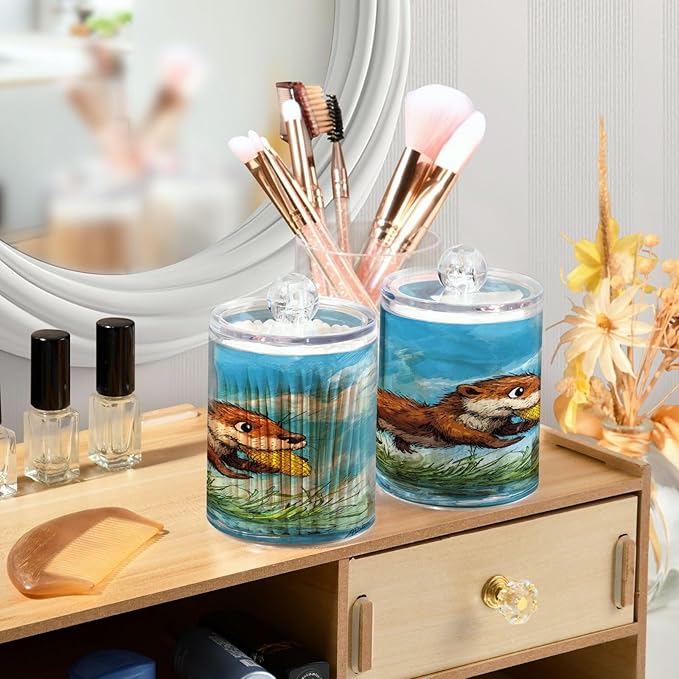 2 Pack Apothecary Jars,Otter Carries Corn Bathroom Vanity Storage Organizer Set,Small Clear Plastic Storage Jars Bathroom Canister for Cotton Swabs,Rounds,Balls,Qtips,Makeup Sponges