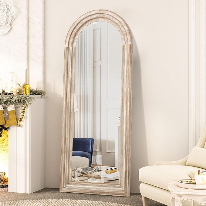 CASSILANDO Arched Full Length Mirror with Solid Wood Frame 65x24 Inch Wall Mounted Floor Mirror, Vertical Hanging Leaning Standing Mirror for Living Room, Bedroom, Entryway, Rustic White