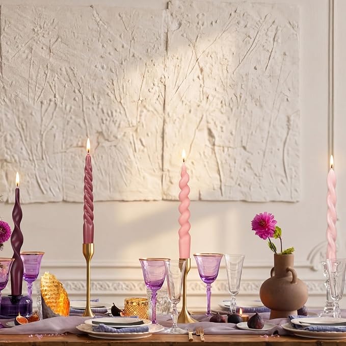 Nuanchu 4 Pcs Twisted Taper Candles Wax Unscented Smokeless Spiral Swirl Candlesticks for Wedding Holiday Dinner Party Home Decorations(7.87 Inch,Pure,Purple)