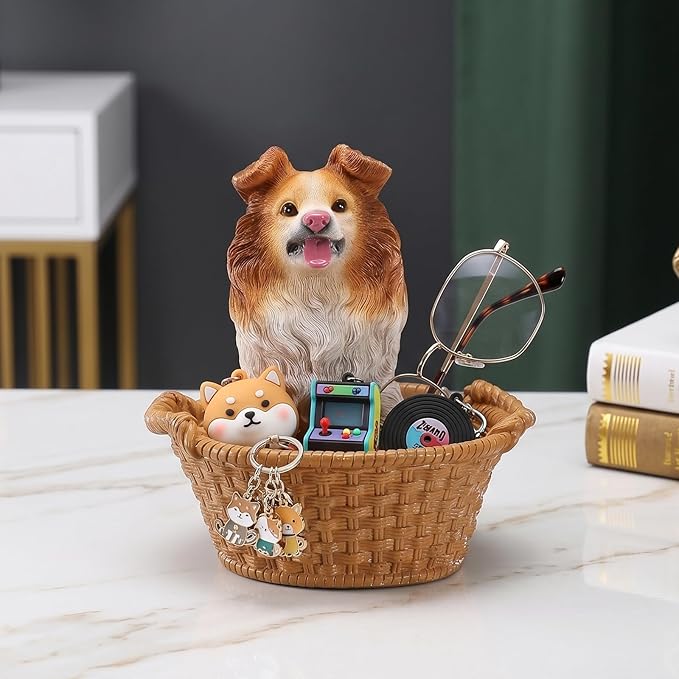 Cute Border Collie Candy Bowl, Resin Dog Figurine Key Bowl for Entryway Table, Desktop Storage Basket Organizer for Desk, Unique Dog Lover Gift