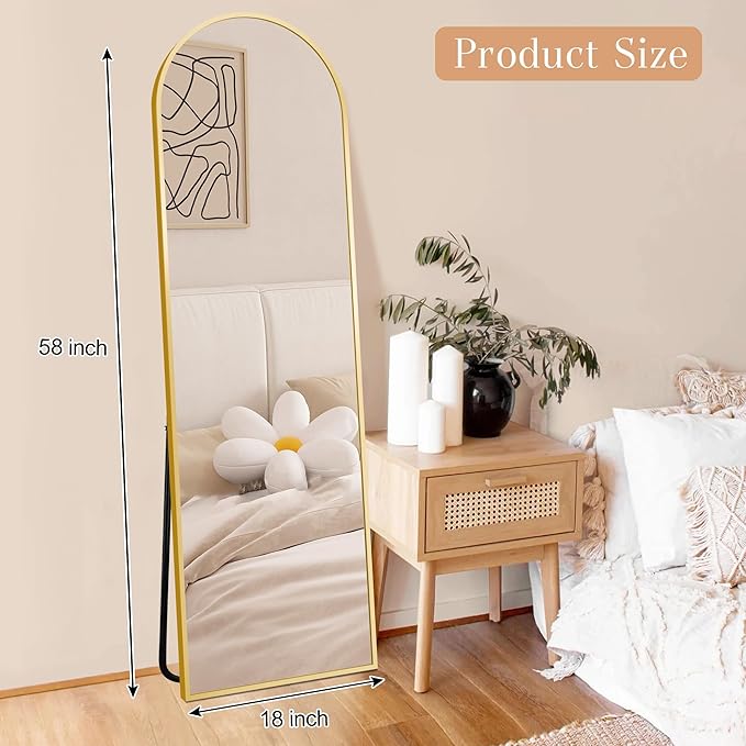 GlasFlength 58"x18" Arched Full Length Mirror, Elegant Full Body Mirror with Stand for Bedroom & Cloakroom, Gold